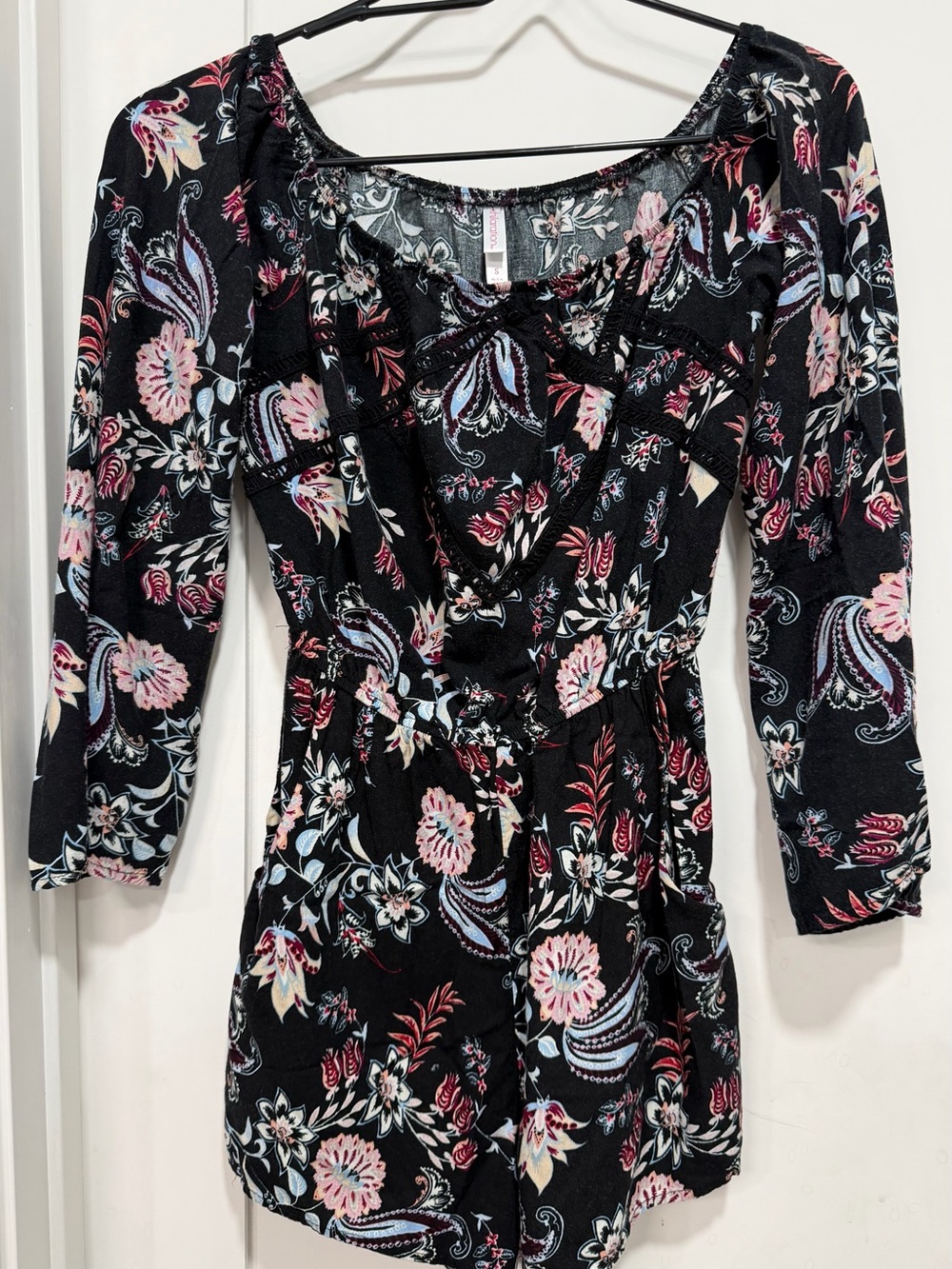 Xhilaration Black Floral Long-Sleeve V-Neck Romper with Pink & Light Blue Print